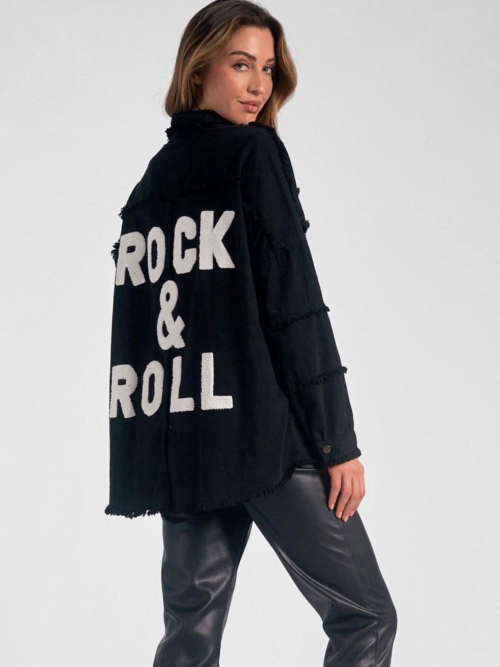 Elan Black 'Rock & Roll' Graphic Shacket - Women Jackets & Coats